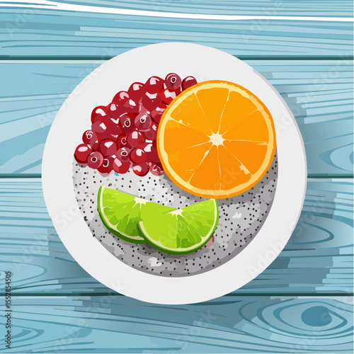 Healthy Chia Seed Bowl with Fruits on Wooden Table