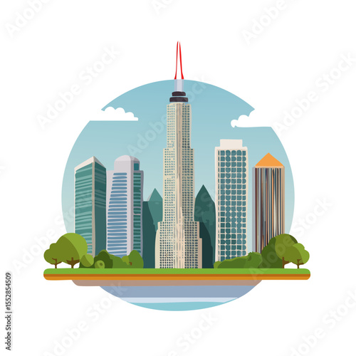 Cartoon Cityscape Illustration with Skyscrapers and Greenery