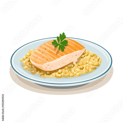 Grilled Salmon with Grain Side Dish on a White Plate
