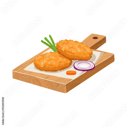 Crispy Chicken Patties on a Wood Board with Veggie Accompaniments