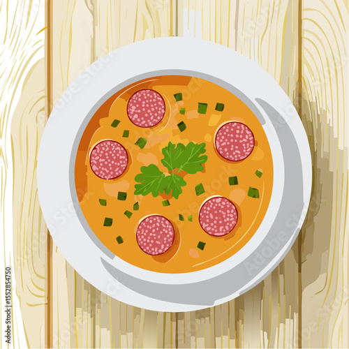 Delicious Sausage Soup on Wooden Table