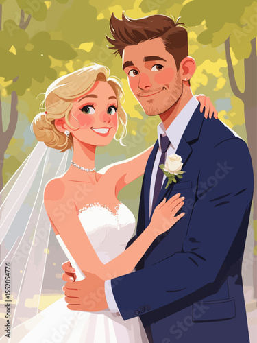 A bride and man are standing, smiling, and looking at the camera