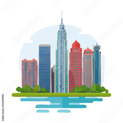 Cartoon Vector Skyline Illustration with High-Rise Buildings