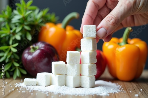 Fototapeta Naklejka Na Ścianę i Meble -  Hand holds sugar cubes in declining chart pattern amid fruits and vegetables.