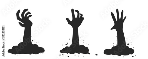 Scary monster hand emerging from the ground. Halloween-themed vector silhouette for horror designs.Evil undead hand silhouette clawing from the grave. Halloween graphic element