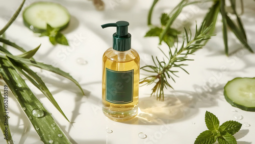 hair care oil bottle with rosemary and peppermint on white surface with soft natural lighting