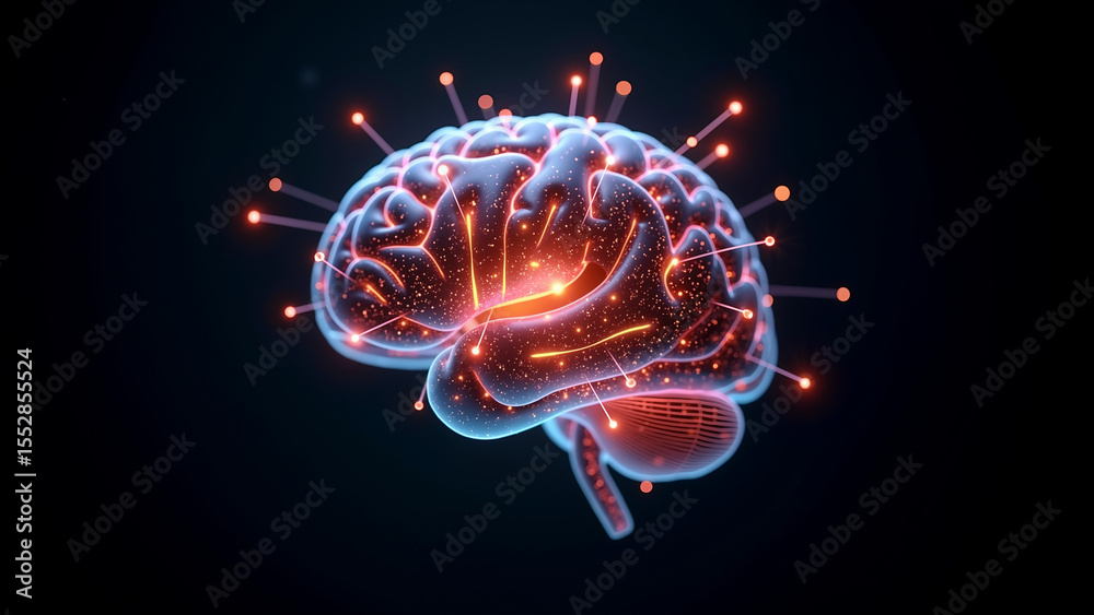 Fototapeta premium Abstract digital brain visualization, vibrant neural connections and glowing nodes, emphasizes cognitive processes and innovation.