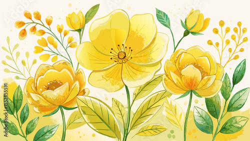Sunlit yellow watercolor flowers bloom gently with leaf and plant accents. A pastel crayon texture adds charm to this spring floral doodle, perfect for a child’s bright nature background.