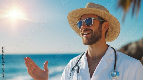 Happy doctor on a beach wearing a hat and sunglasses