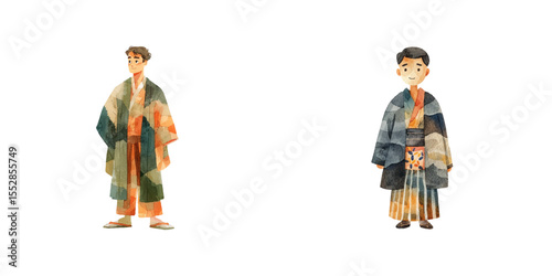 man wearing kimono watercolor vector illustration