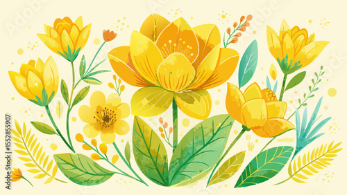 Sunlit yellow watercolor flowers bloom gently with leaf and plant accents. A pastel crayon texture adds charm to this spring floral doodle, perfect for a child’s bright nature background.