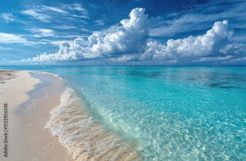 Tranquil turquoise ocean meets pristine white sand beach under a vibrant blue sky dotted with fluffy cumulus clouds. Gentle waves lap the shore