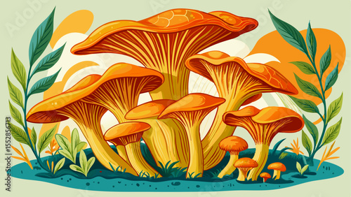 Bright orange mushrooms growing in a stylized cartoon forest clearing with lush plants and a light abstract background