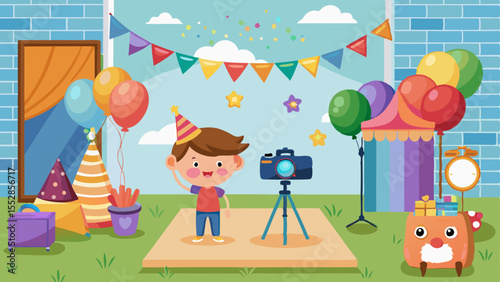 Happy boy with a party hat posing for a photo at a colorful cartoon birthday setup with balloons, decorations and gifts