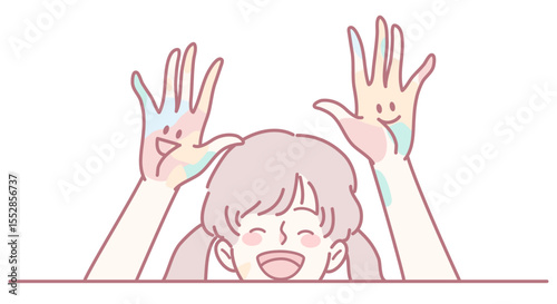 A cheerful child joyously showing off colorful handprints, beautifully embodying pure joy and creativity