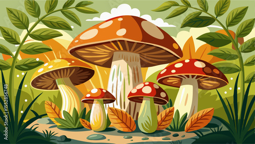 Spotted red and yellow mushrooms growing in a stylized cartoon forest with autumn leaves, grass and a bright green background