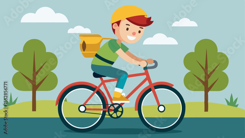 Smiling boy riding a bicycle with a yellow helmet and backpack on a cartoon road with trees and clouds