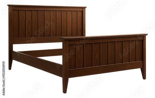 A king-sized wooden bed frame with a high headboard and footboard, designed for a master bedroom.