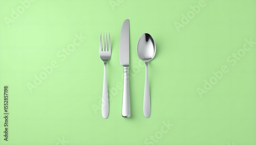 Fork, knife, and spoon cutlery set on a green background