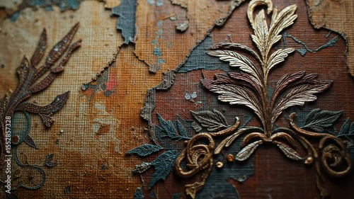 Detailed Close-Up of Ornate Floral Design on Textured, Weathered Surface