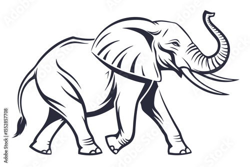 Monochrome linear shows an elephant walking with its trunk down, showcasing strong lines
