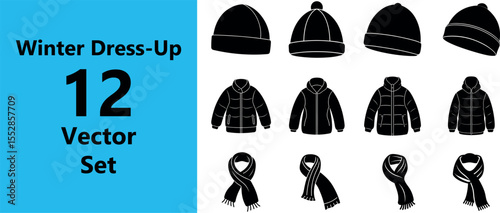 Collection of 12 winter clothing items including hats jackets and scarves in silhouette isolated on transparent background