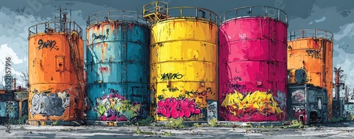eco-friendly oil storage Colorful Industrial Tanks Covered in Graffiti Art in Urban Setting oil tank graffiti art futuristic oil tank scene