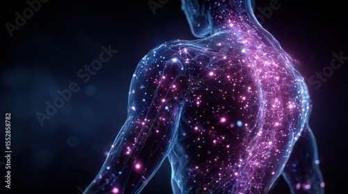Human form illuminated by vibrant energy patterns against a dark background showcasing the connection between body and cosmos