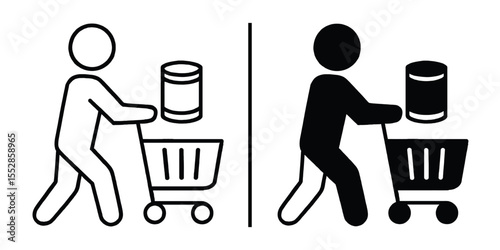 Shopping cart icon:  A simple line drawing icon depicting a person pushing a shopping cart with canned goods.  Perfect for websites, apps, or presentations related to grocery shopping, consumerism.