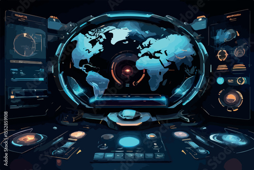 Cyberpunk HUD Interface with 3D Earth Globe Futuristic Control System UI, Data Charts & Security Dashboard Vector