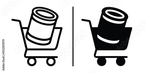 Shopping Cart Icon Set: A versatile set of shopping cart icons, one in black and one in white, featuring a cylindrical can or container in each cart, perfect for online shopping, e-commerce, retail.