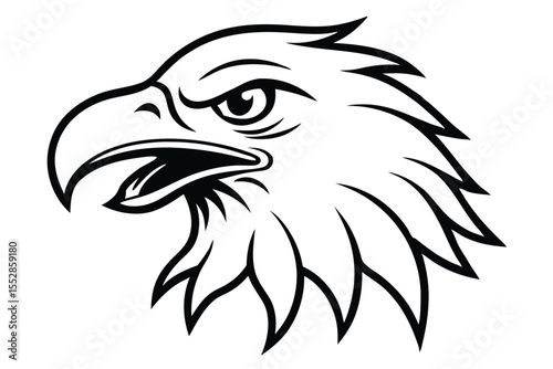 Strong eagle head outlined in black displays a determined gaze and open beak