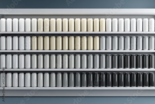 A white shelf displays rows of aluminum cans in varying shades of grey, white, and black, from lightest to darkest