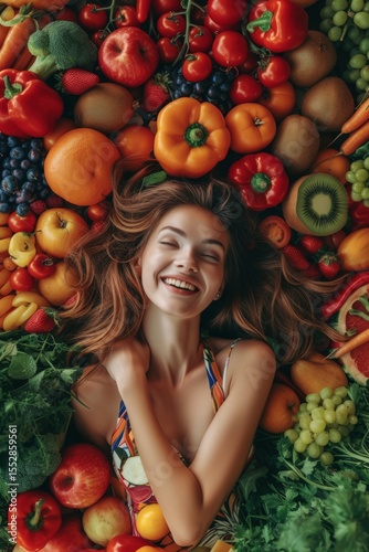 Young woman dressed in a dress lies among vegetables and fruits. Vegetarian food concept. Generative AI.