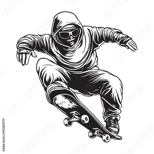 Skateboarder Silhouette Clipart, Black and white isolated vector illustration of skateboarder on white background 