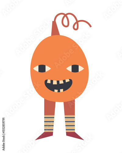 Halloween pumpkin with legs and eyes. Cheerful creepy character in striped socks. Ideal for holiday children's design