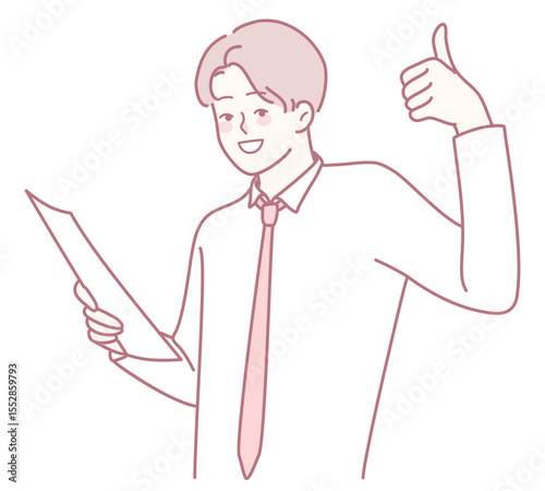 A joyful businessman giving a thumbsup while confidently holding a document, symbolizing career success