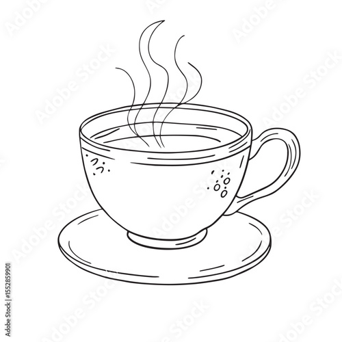 Simple hand drawn black and white line art of a steaming cup of coffee on a saucer