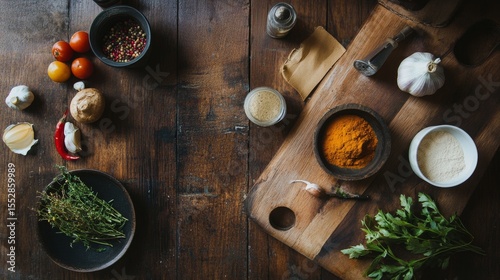 Flat lay of herbs, condiments, spices and olive oil on wooden kitchen table for rustic cooking