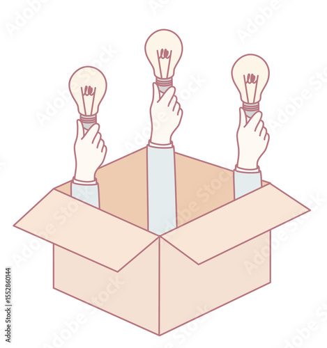 Light bulbs symbolize innovative ideas springing from a box, representing creativity and inspiration.