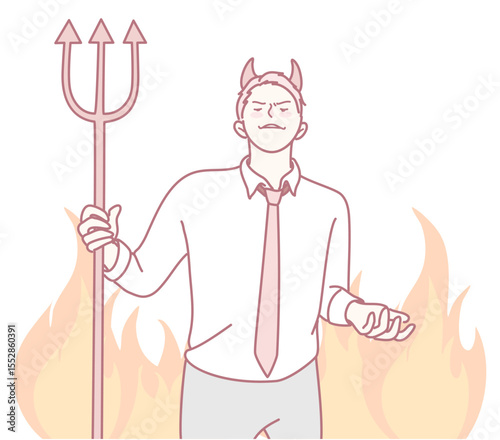 This is a vivid cartoonstyle portrayal of a devilish figure, complete with a trident, surrounded by raging flames