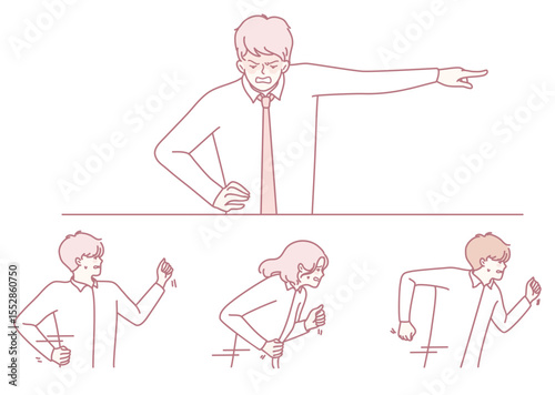 An illustration vividly depicting a range of expressions of anger and frustration seen within an office environment