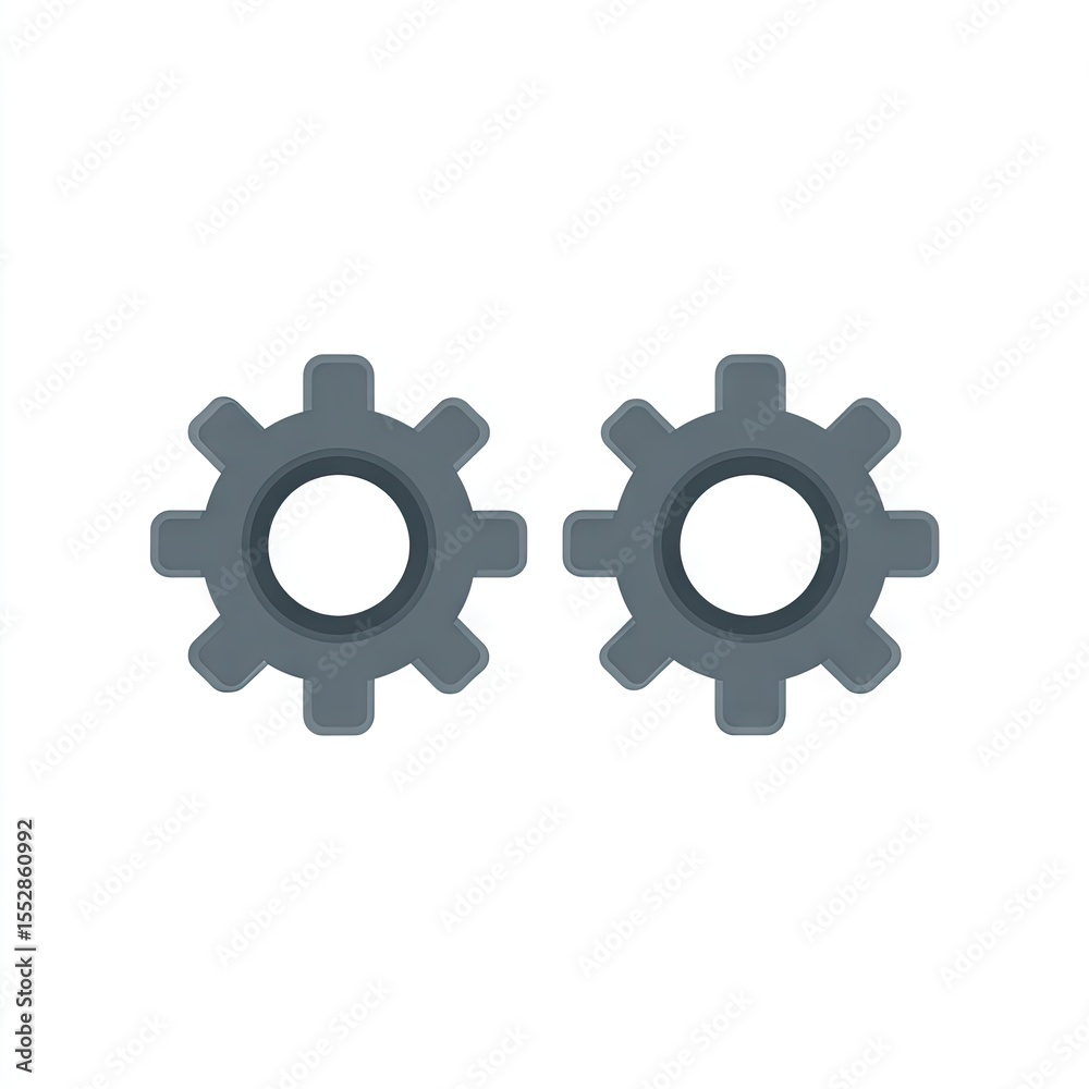 Fototapeta premium Two gray, interlocking cogwheels, simple, flat design, isolated on white background, representing teamwork or mechanics