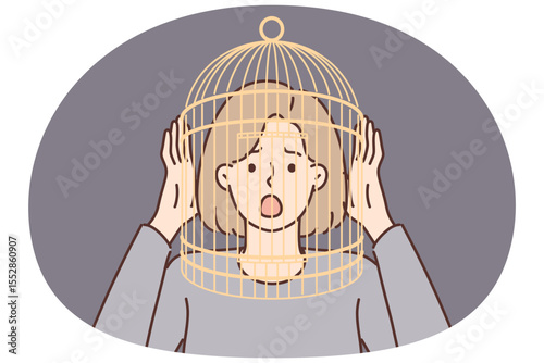 Girl with cage on head screams having fallen into mental trap negatively affects psychological state