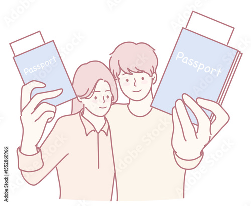 Two enthusiastic friends proudly display their passports, eagerly prepared for their upcoming adventure together
