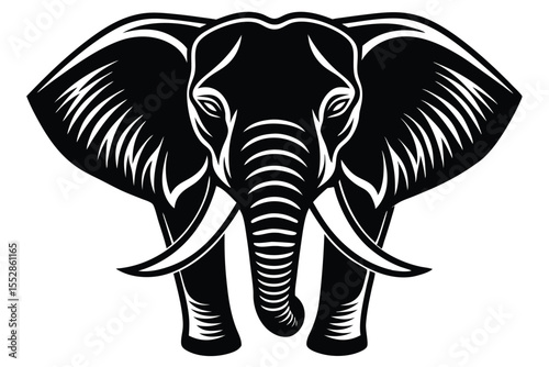 Detailed line art depicts a powerful elephant striding forward amidst sparse vegetation
