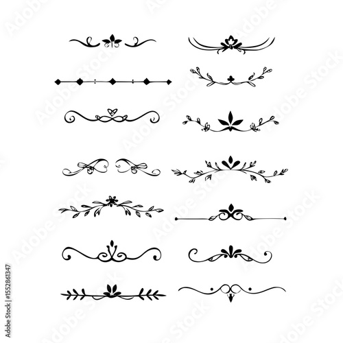 Vector dividers calligraphic line element.Set of Black Hand Drawn Rustic Doodle Design Elements. Decorative Floral Swirls, Scrolls, Text Frames, Dividers. Vintage Vector Illustration. 
