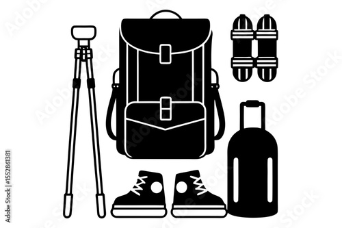 Illustration of hiking equipment including backpack boots and walking sticks