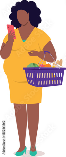 One Plus Size Black Pregnant Woman With Grocery Basket Looking At Her Handphone.