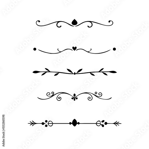 Text dividers doodle set. Wedding decorative elements. Divider ornament, borders, vintage line separators. Hand drawn vector illustration isolated on white background
